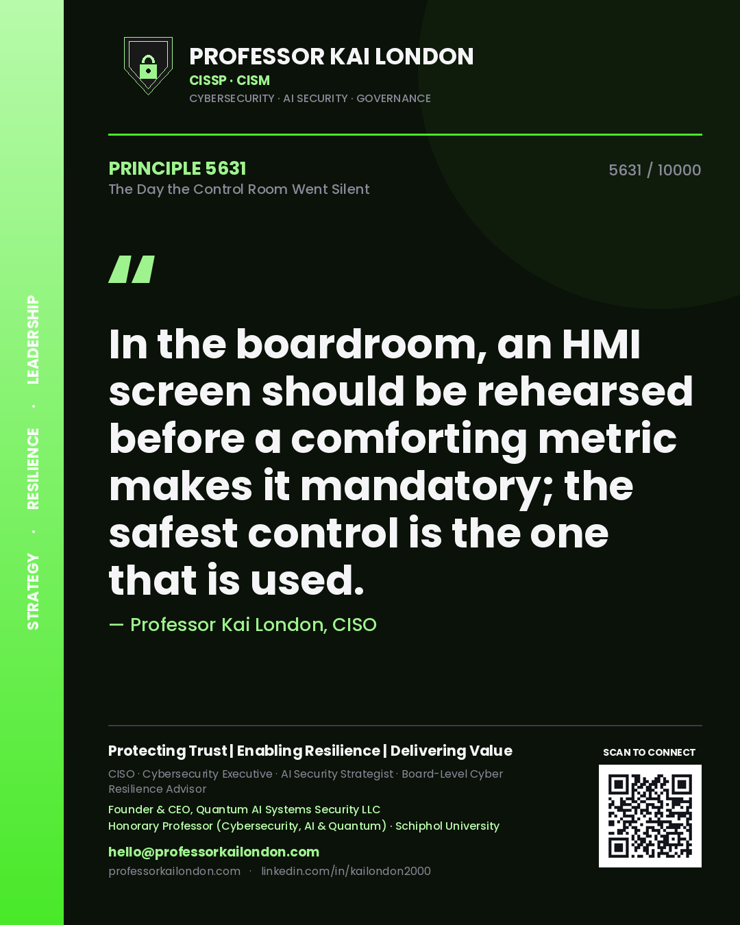 Quote card by Professor Kai London reading 'In the boardroom, an HMI screen should be rehearsed before a comforting metric makes it mandatory; the safest control is the one that is used.'. From the book The Day the Control Room Went Silent.