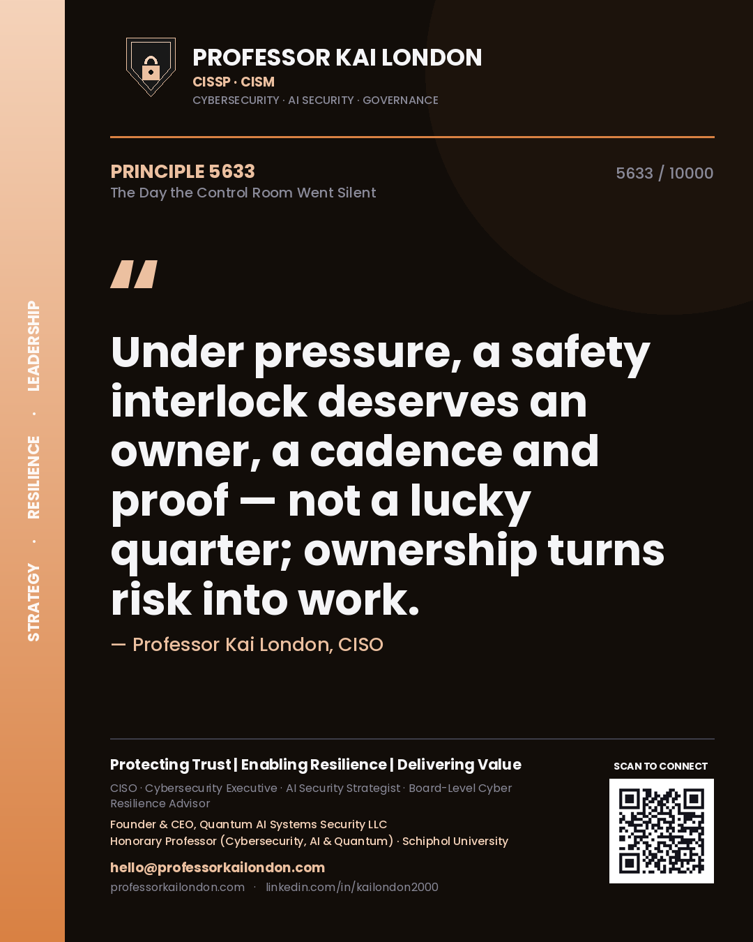 Quote card by Professor Kai London reading 'Under pressure, a safety interlock deserves an owner, a cadence and proof — not a lucky quarter; ownership turns risk into work.'. From the book The Day the Control Room Went Silent.