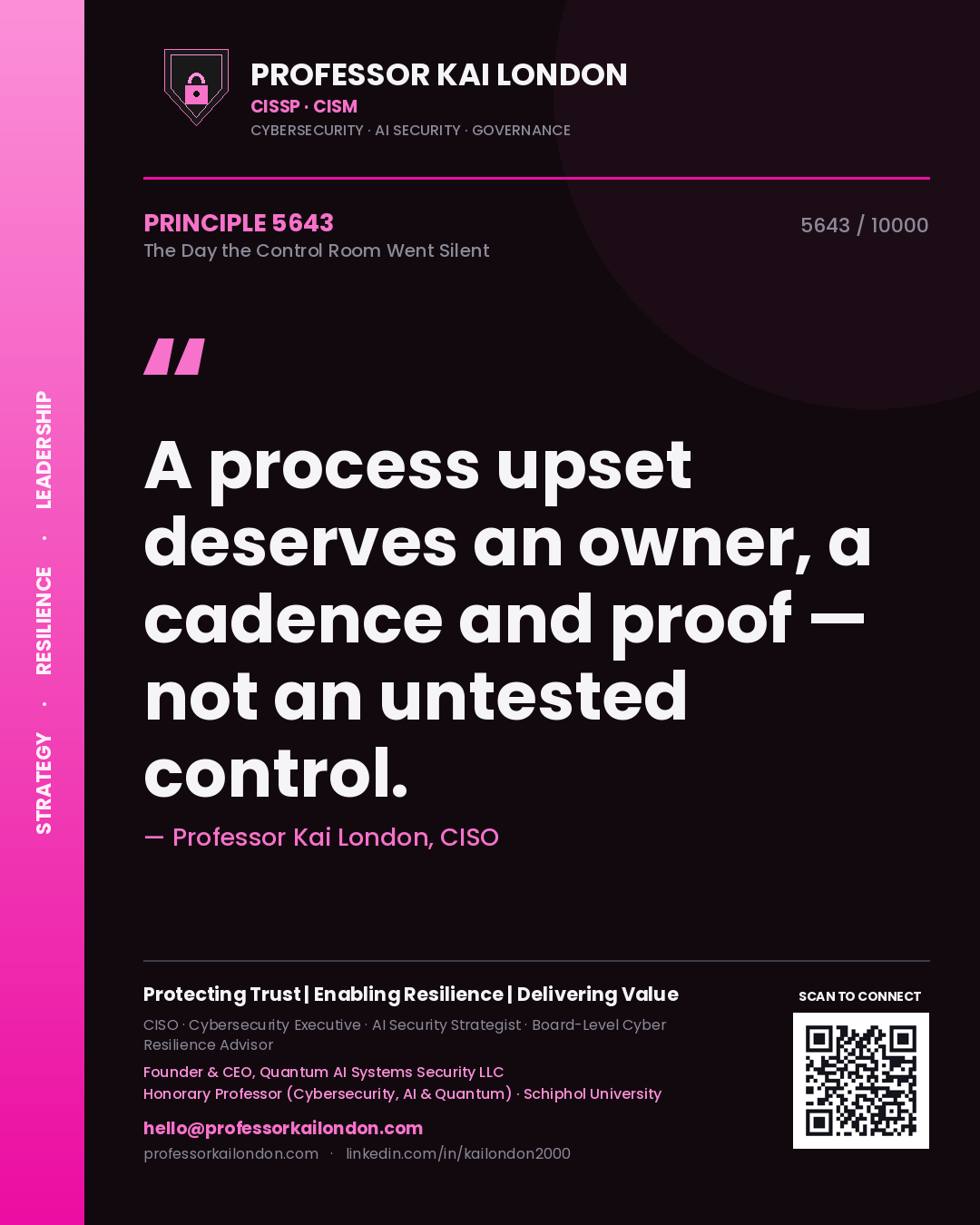 Quote card by Professor Kai London reading 'A process upset deserves an owner, a cadence and proof — not an untested control.'. From the book The Day the Control Room Went Silent.