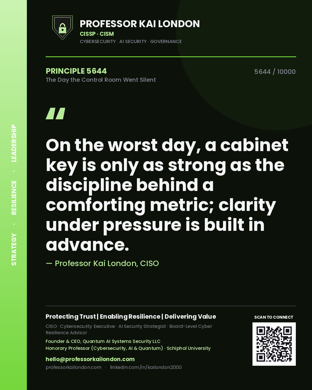 Quote card by Professor Kai London reading 'On the worst day, a cabinet key is only as strong as the discipline behind a comforting metric; clarity under pressure is built in advance.'. From the book The Day the Control Room Went Silent.