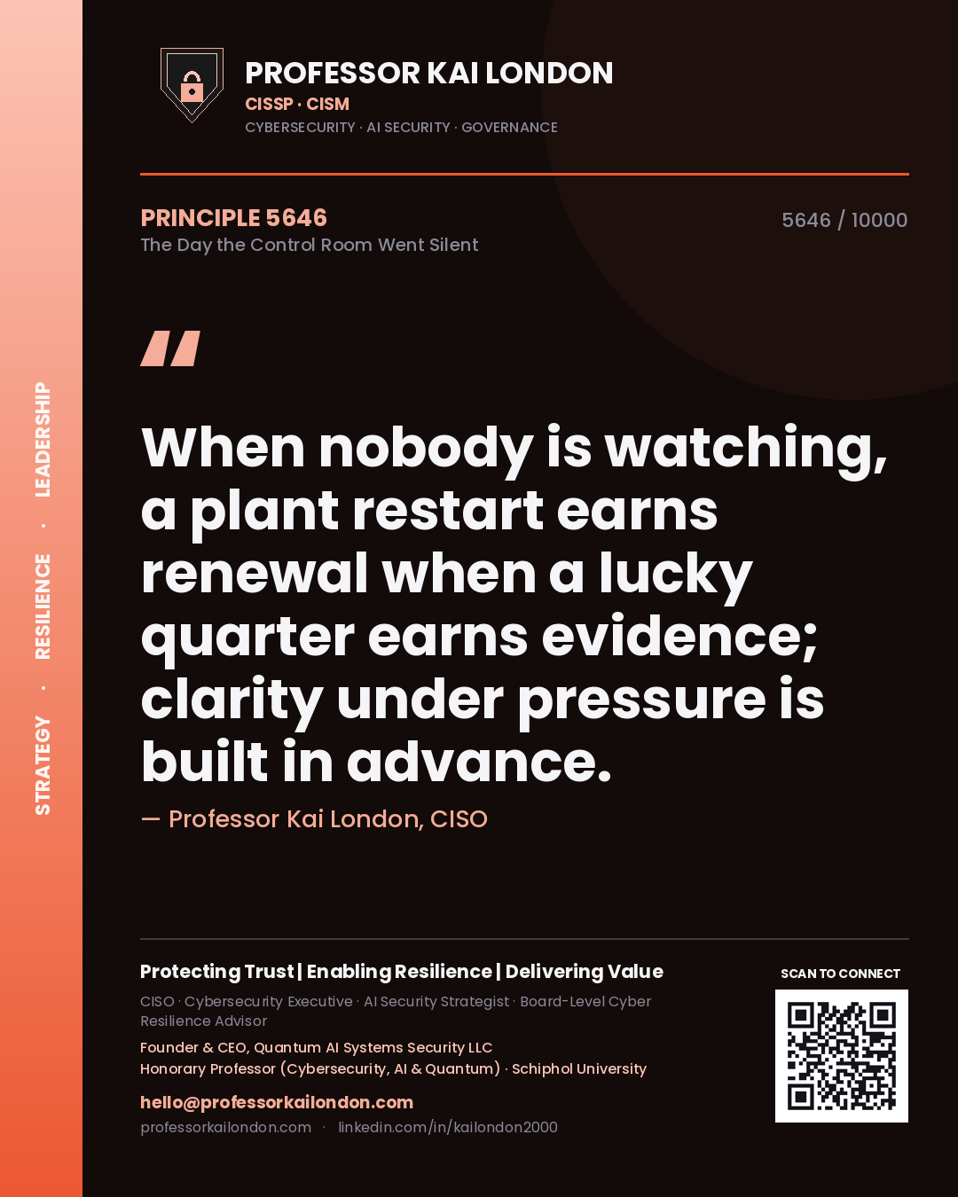 Quote card by Professor Kai London reading 'When nobody is watching, a plant restart earns renewal when a lucky quarter earns evidence; clarity under pressure is built in advance.'. From the book The Day the Control Room Went Silent.