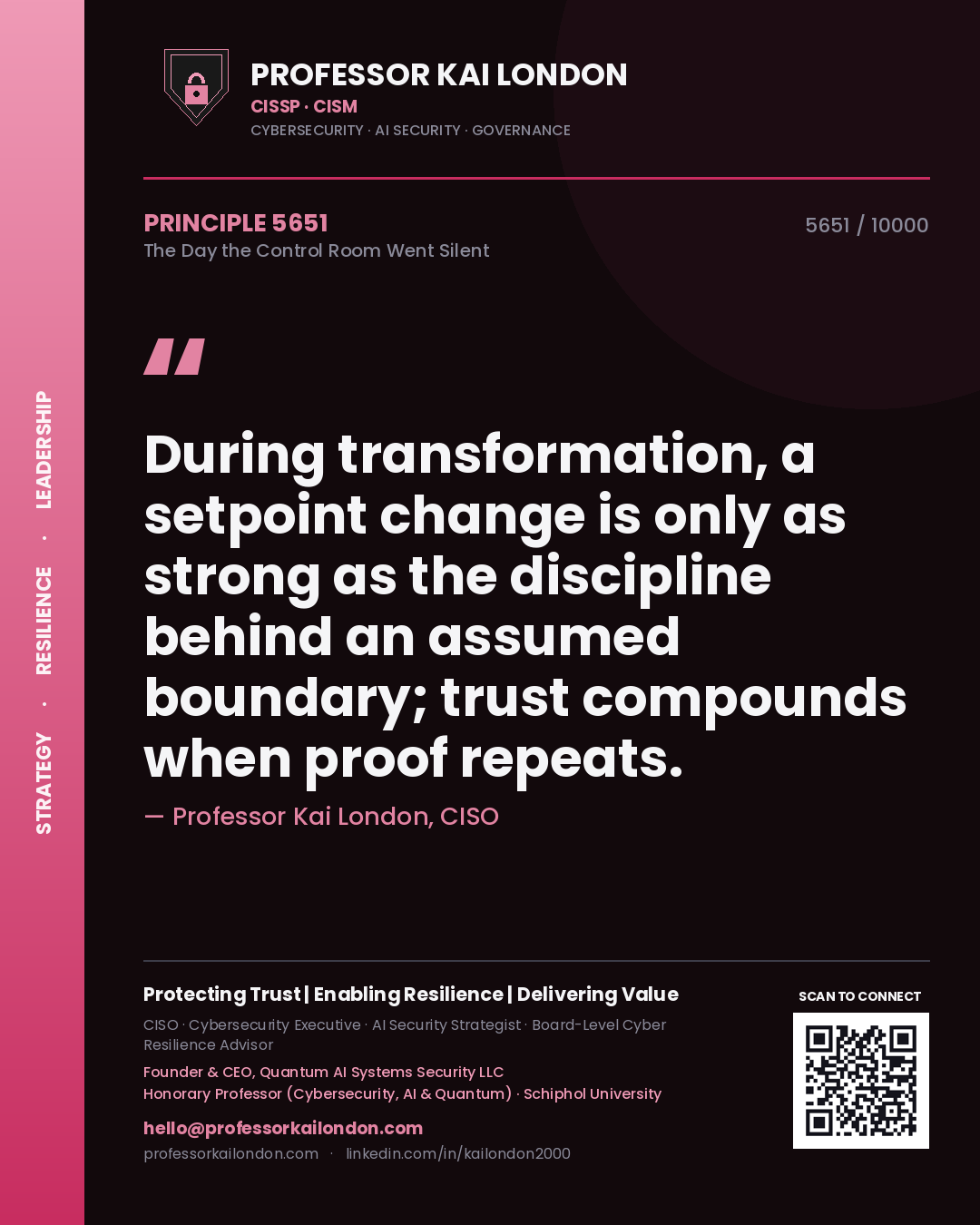 Quote card by Professor Kai London reading 'During transformation, a setpoint change is only as strong as the discipline behind an assumed boundary; trust compounds when proof repeats.'. From the book The Day the Control Room Went Silent.