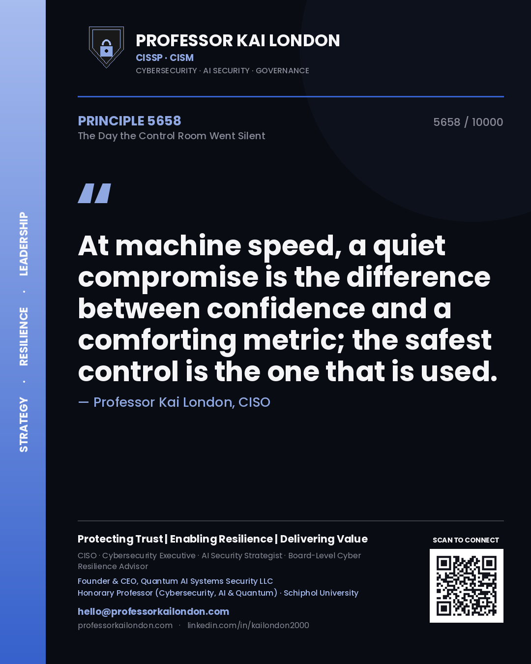 Quote card by Professor Kai London reading 'At machine speed, a quiet compromise is the difference between confidence and a comforting metric; the safest control is the one that is used.'. From the book The Day the Control Room Went Silent.