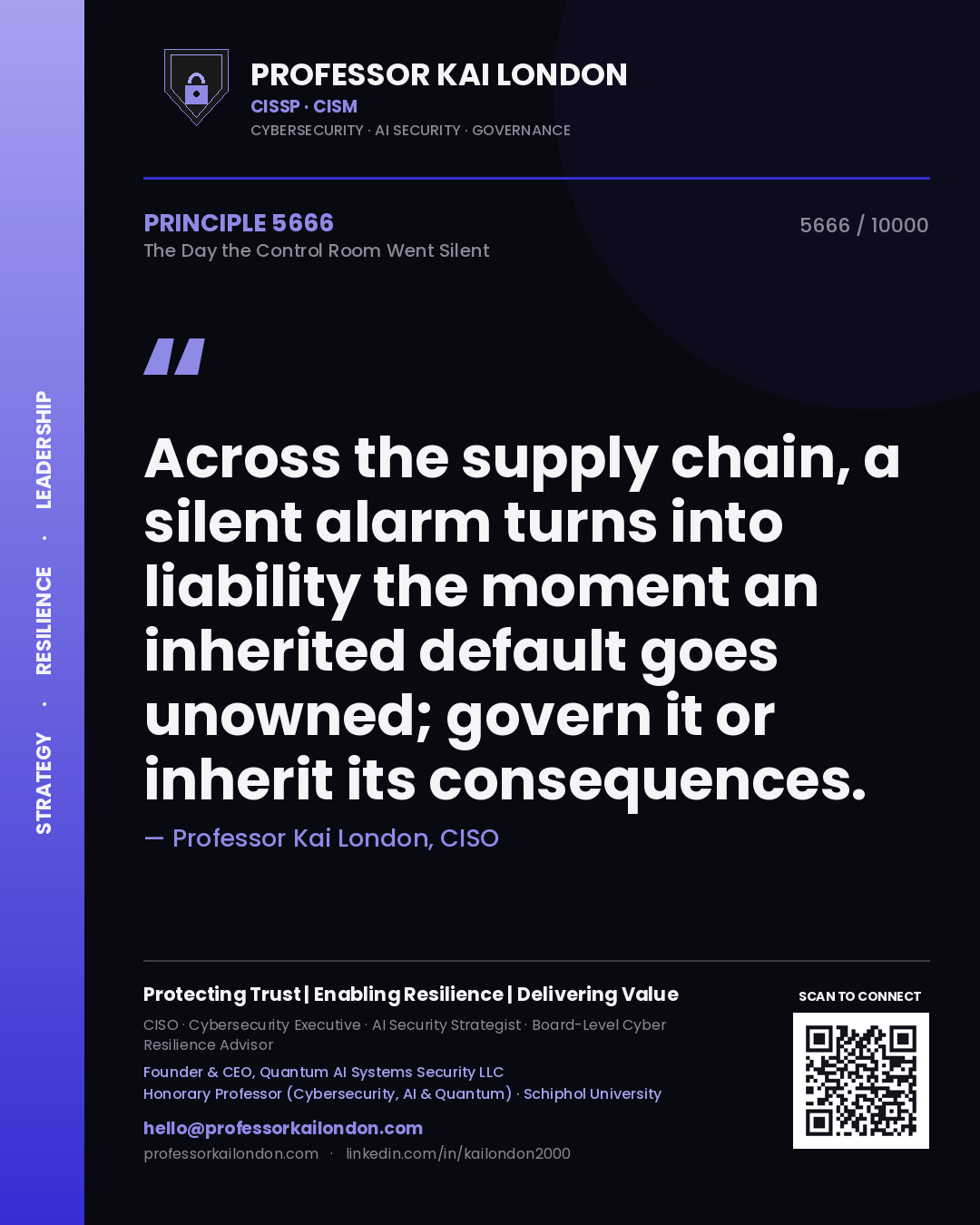 Quote card by Professor Kai London reading 'Across the supply chain, a silent alarm turns into liability the moment an inherited default goes unowned; govern it or inherit its consequences.'. From the book The Day the Control Room Went Silent.