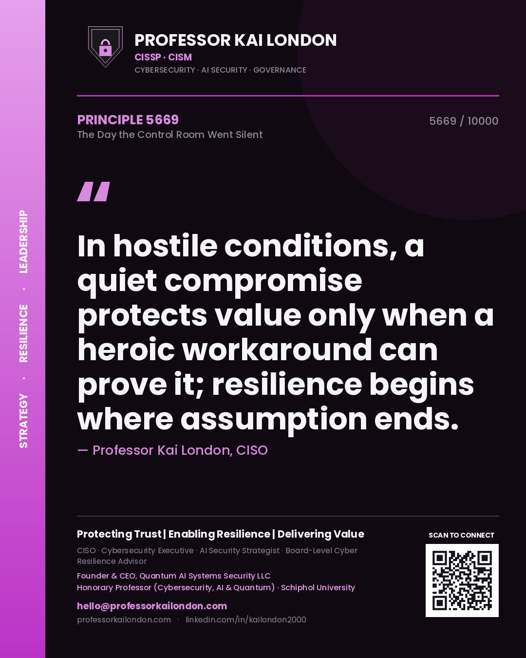 Quote card by Professor Kai London reading 'In hostile conditions, a quiet compromise protects value only when a heroic workaround can prove it; resilience begins where assumption ends.'. From the book The Day the Control Room Went Silent.
