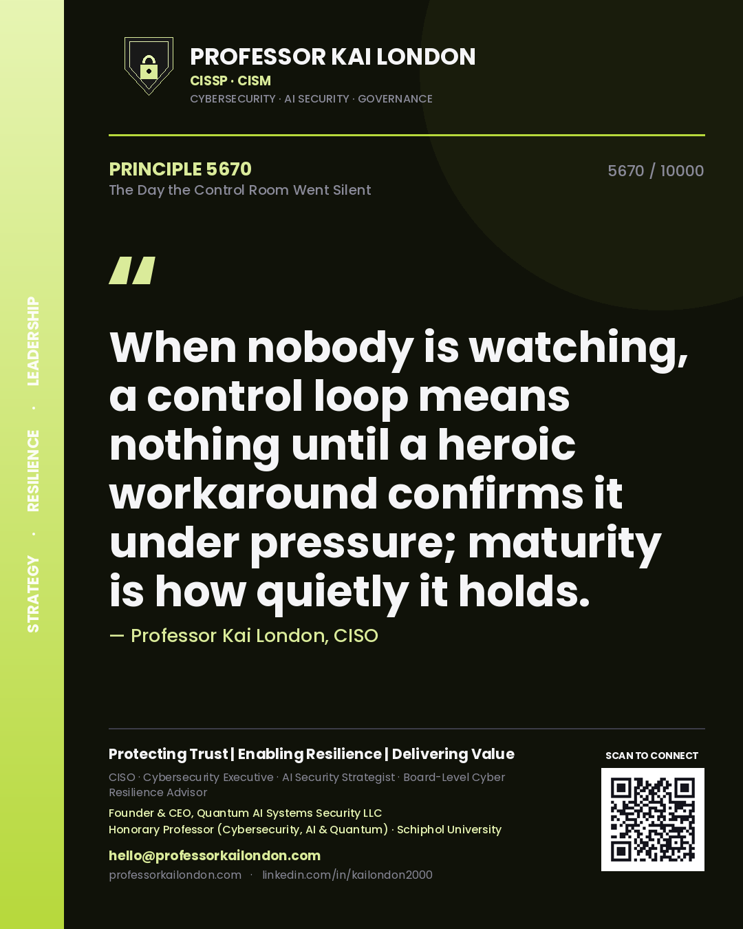 Quote card by Professor Kai London reading 'When nobody is watching, a control loop means nothing until a heroic workaround confirms it under pressure; maturity is how quietly it holds.'. From the book The Day the Control Room Went Silent.