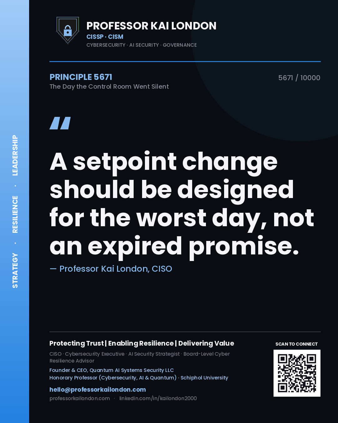 Quote card by Professor Kai London reading 'A setpoint change should be designed for the worst day, not an expired promise.'. From the book The Day the Control Room Went Silent.