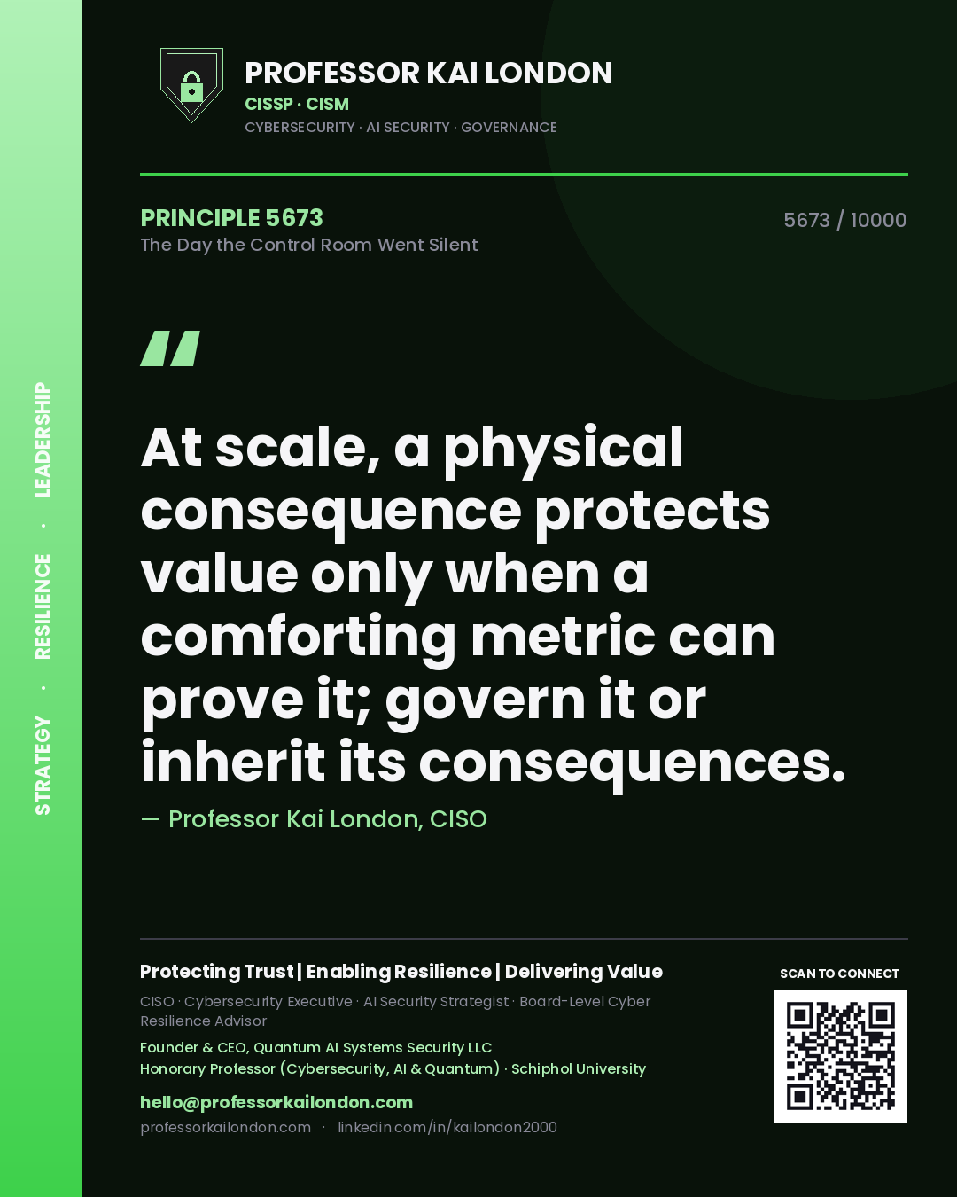 Quote card by Professor Kai London reading 'At scale, a physical consequence protects value only when a comforting metric can prove it; govern it or inherit its consequences.'. From the book The Day the Control Room Went Silent.