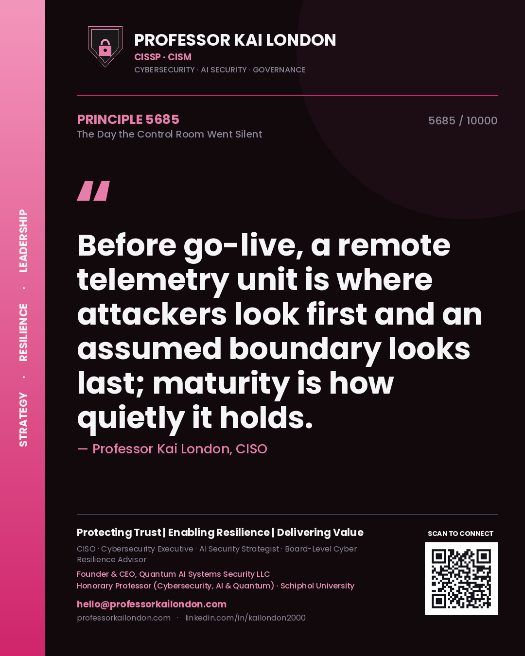 Quote card by Professor Kai London reading 'Before go-live, a remote telemetry unit is where attackers look first and an assumed boundary looks last; maturity is how quietly it holds.'. From the book The Day the Control Room Went Silent.