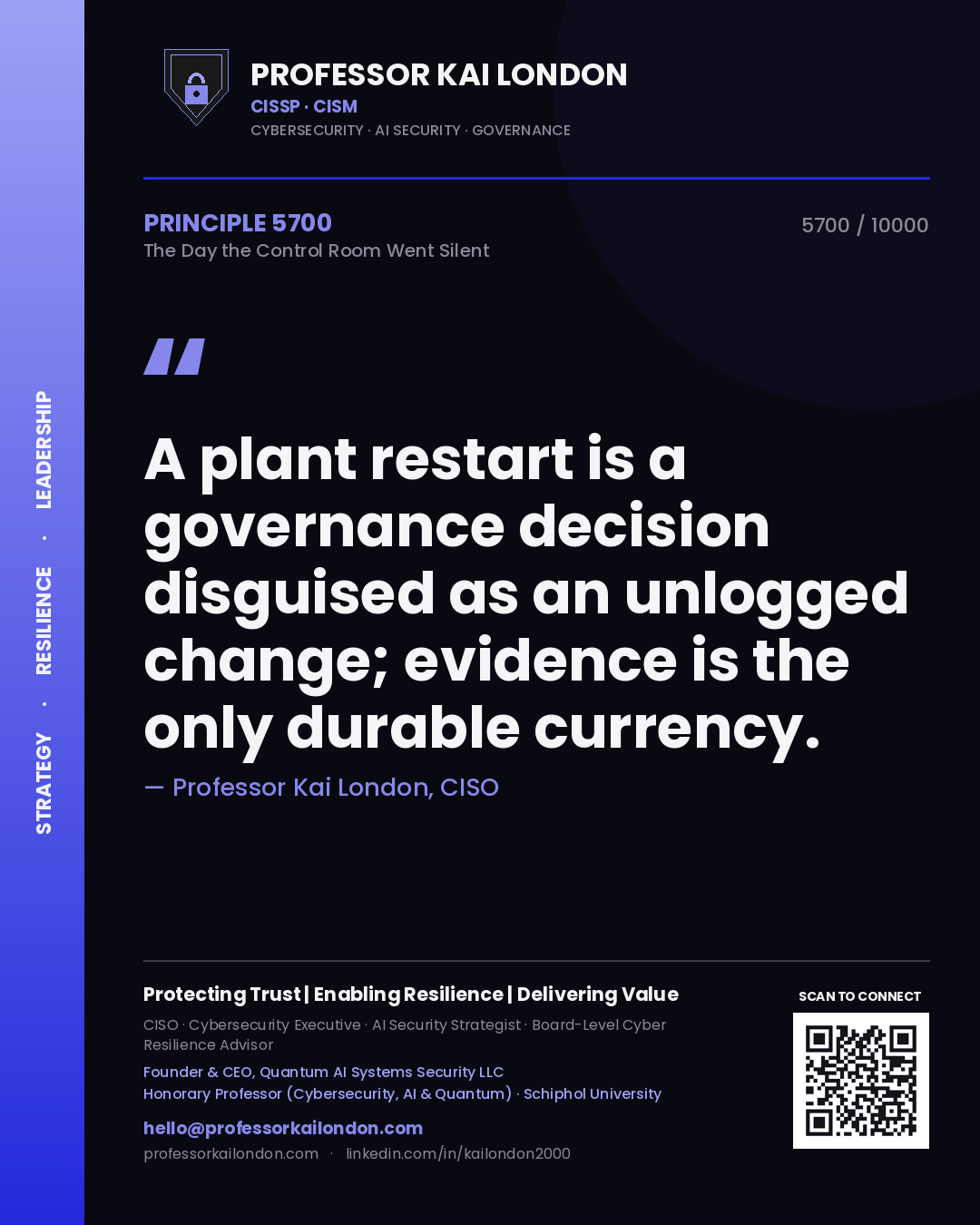 Quote card by Professor Kai London reading 'A plant restart is a governance decision disguised as an unlogged change; evidence is the only durable currency.'. From the book The Day the Control Room Went Silent.