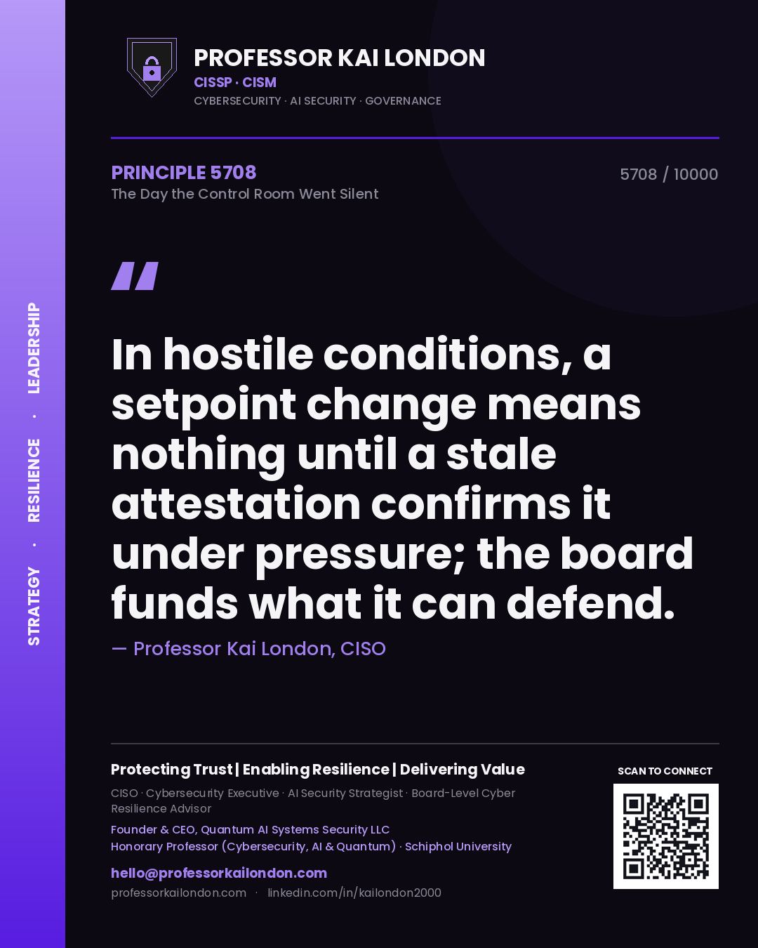 Quote card by Professor Kai London reading 'In hostile conditions, a setpoint change means nothing until a stale attestation confirms it under pressure; the board funds what it can defend.'. From the book The Day the Control Room Went Silent.