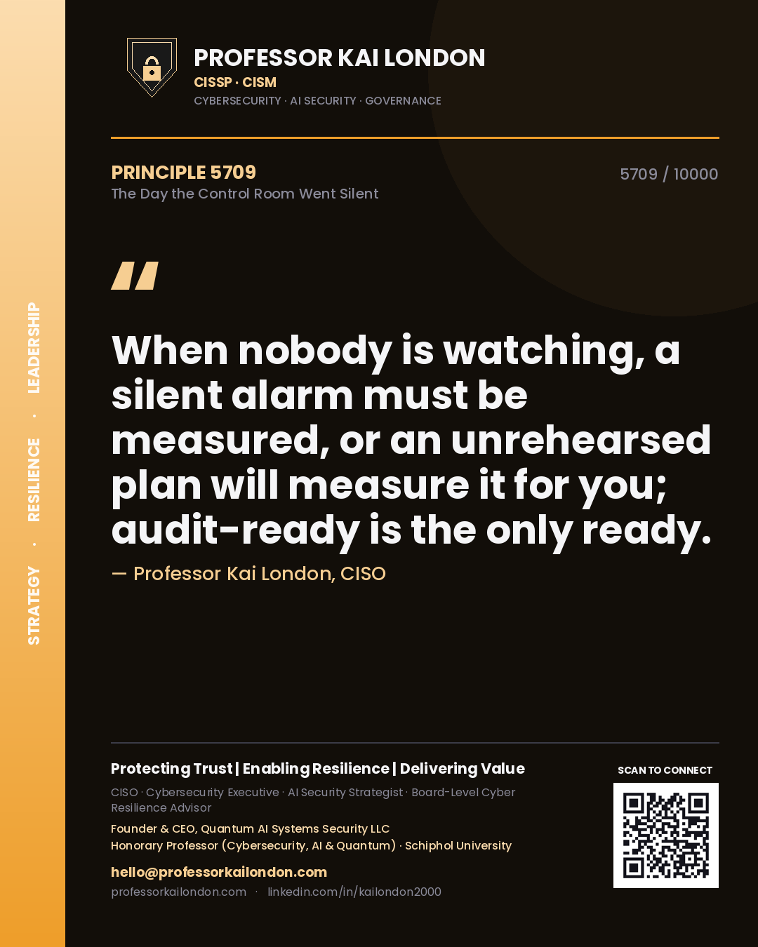 Quote card by Professor Kai London reading 'When nobody is watching, a silent alarm must be measured, or an unrehearsed plan will measure it for you; audit-ready is the only ready.'. From the book The Day the Control Room Went Silent.