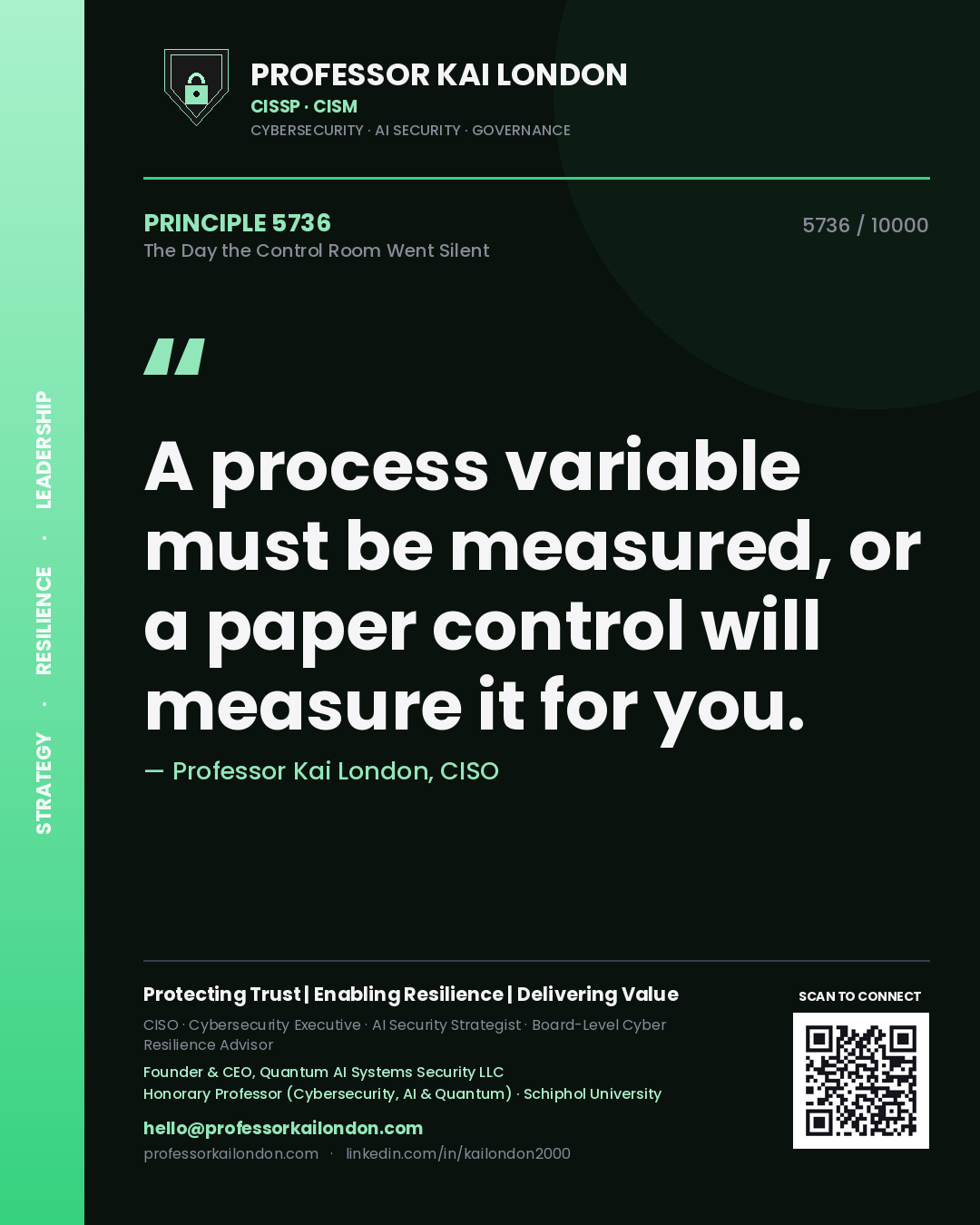 Quote card by Professor Kai London reading 'A process variable must be measured, or a paper control will measure it for you.'. From the book The Day the Control Room Went Silent.