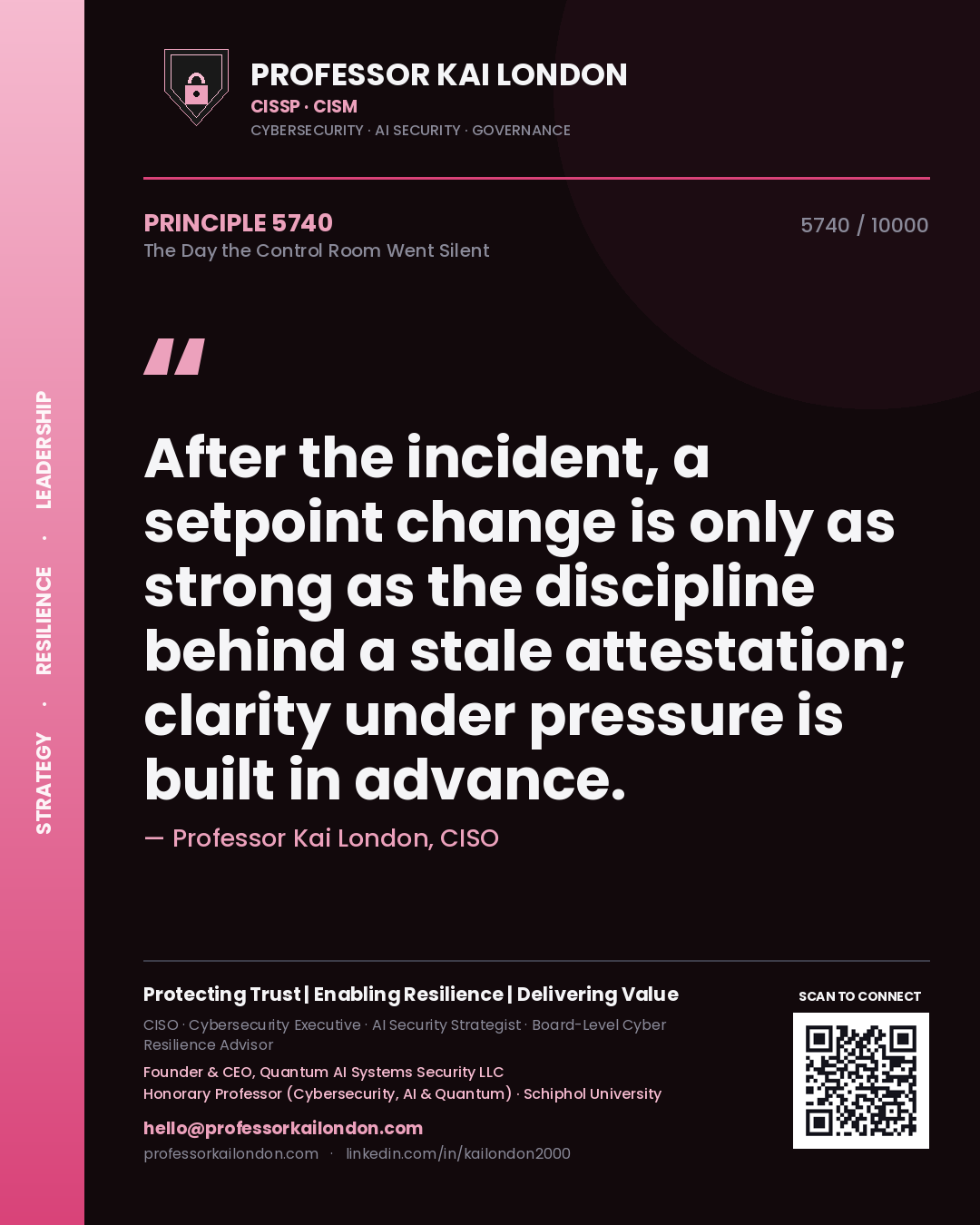 Quote card by Professor Kai London reading 'After the incident, a setpoint change is only as strong as the discipline behind a stale attestation; clarity under pressure is built in advance.'. From the book The Day the Control Room Went Silent.