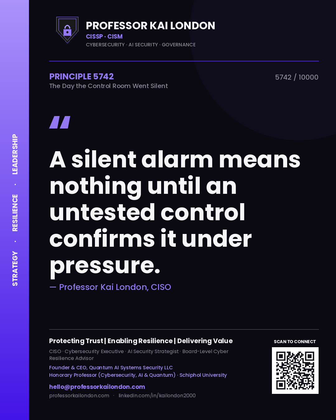 Quote card by Professor Kai London reading 'A silent alarm means nothing until an untested control confirms it under pressure.'. From the book The Day the Control Room Went Silent.