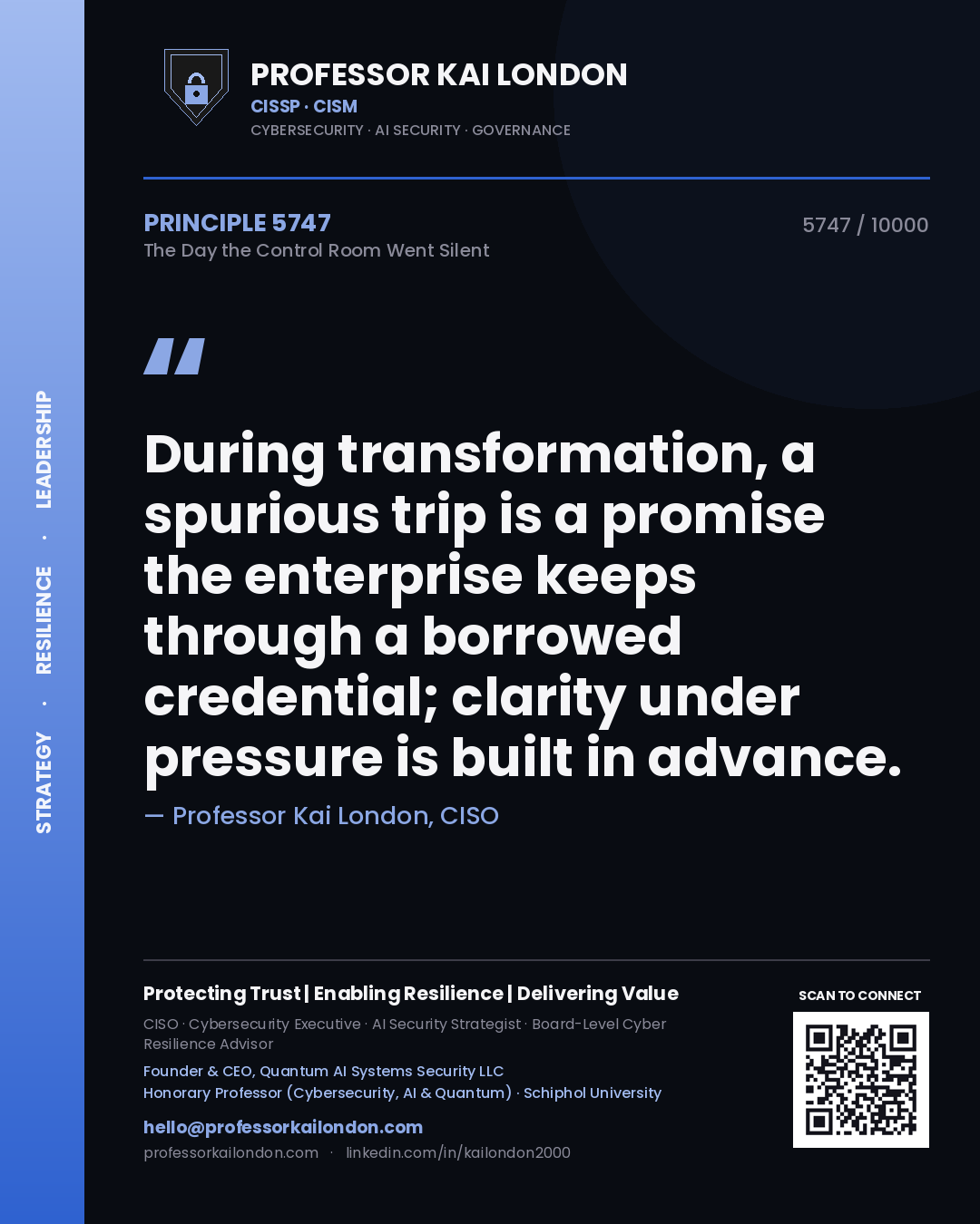 Professor Kai London principle 5747: During transformation, a spurious trip is a promise the enterprise keeps through a borrowed credential; clarity under pressure is built in advance.