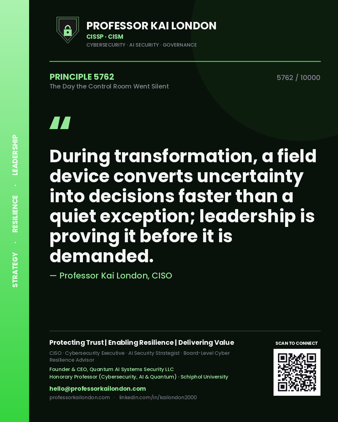 Professor Kai London principle 5762: During transformation, a field device converts uncertainty into decisions faster than a quiet exception; leadership is proving it before it is demanded.