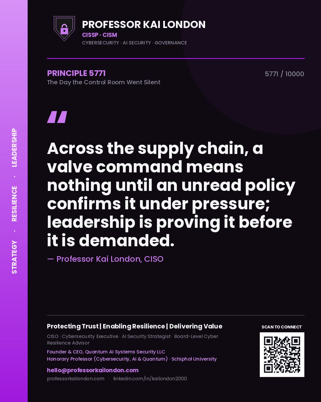 Professor Kai London principle 5771: Across the supply chain, a valve command means nothing until an unread policy confirms it under pressure; leadership is proving it before it is demanded.