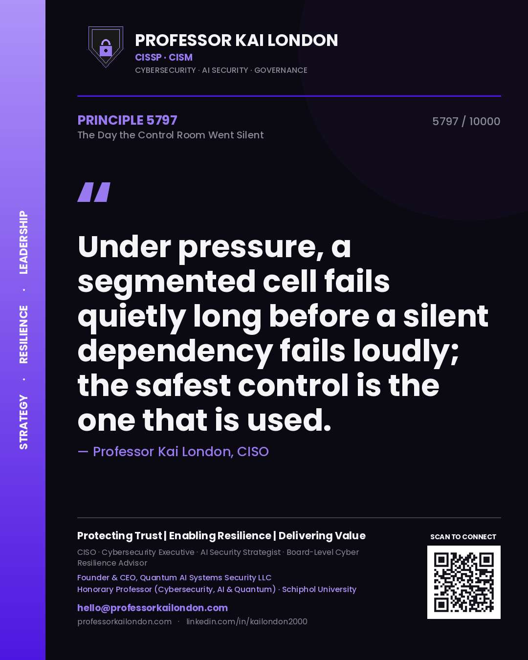 Quote card by Professor Kai London reading 'Under pressure, a segmented cell fails quietly long before a silent dependency fails loudly; the safest control is the one that is used.'. From the book The Day the Control Room Went Silent.