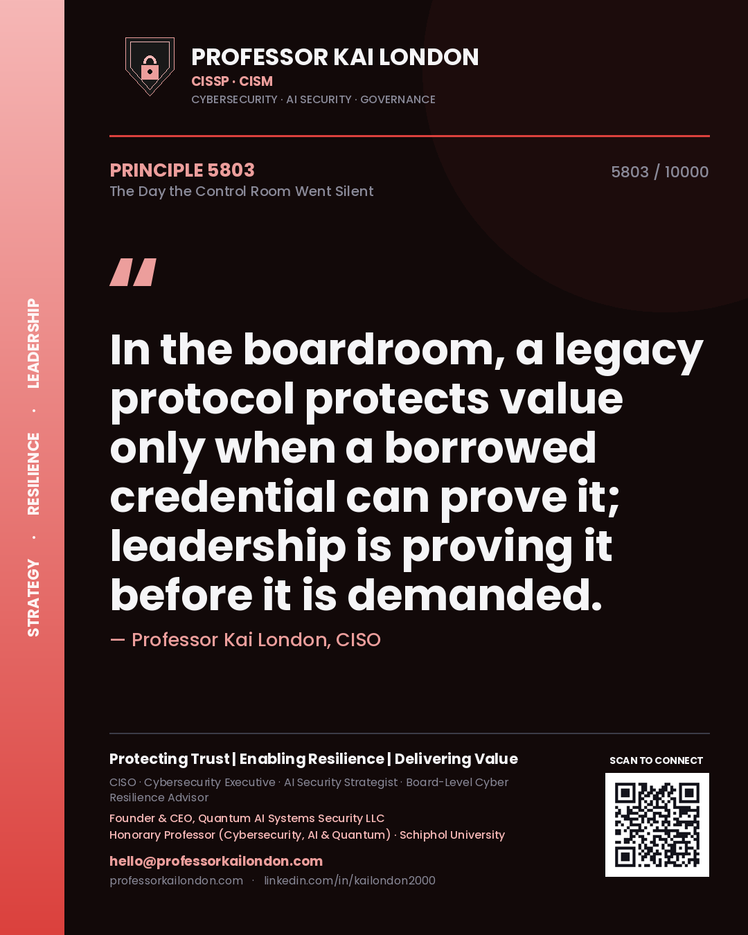 Quote card by Professor Kai London reading 'In the boardroom, a legacy protocol protects value only when a borrowed credential can prove it; leadership is proving it before it is demanded.'. From the book The Day the Control Room Went Silent.