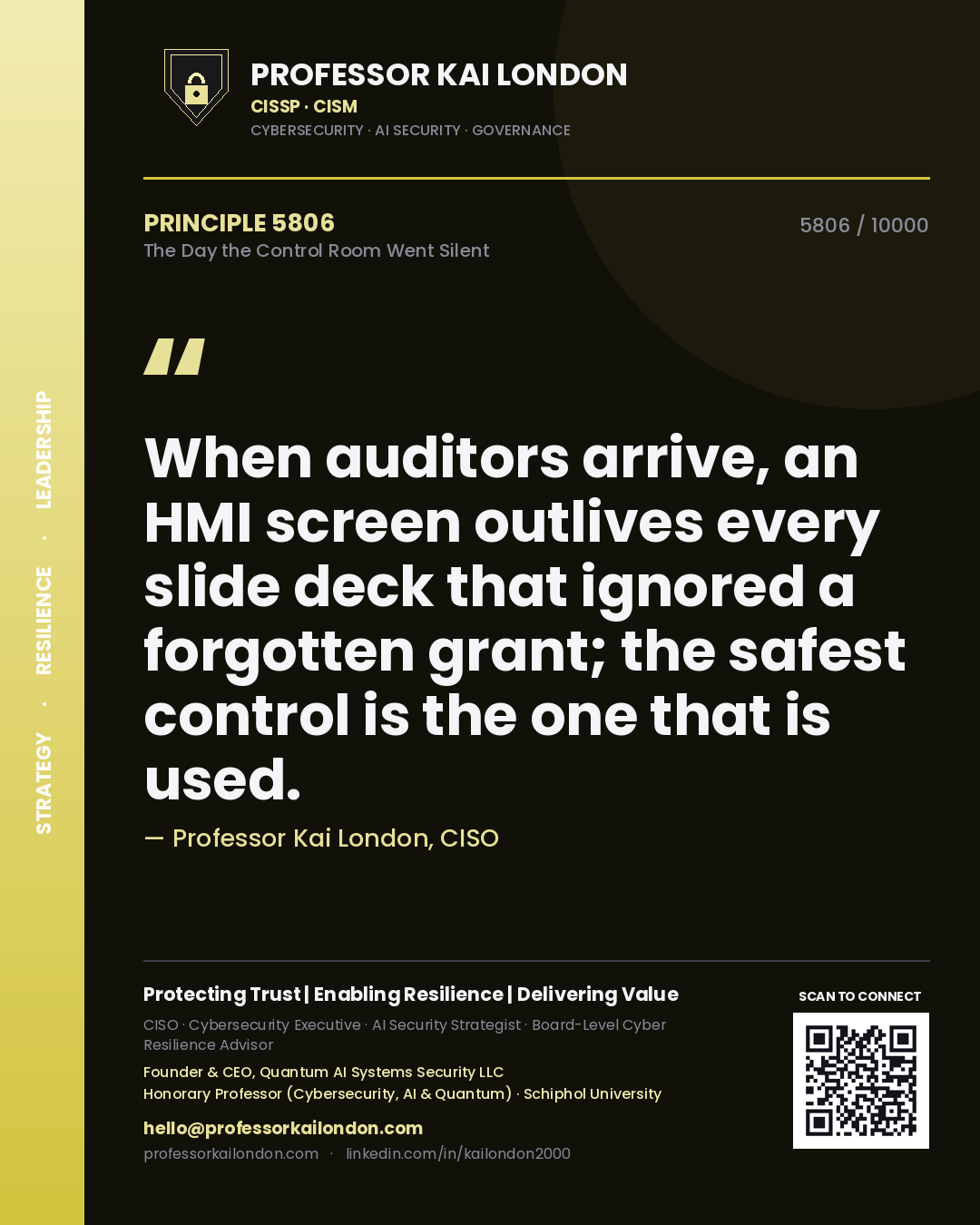 Quote card by Professor Kai London reading 'When auditors arrive, an HMI screen outlives every slide deck that ignored a forgotten grant; the safest control is the one that is used.'. From the book The Day the Control Room Went Silent.