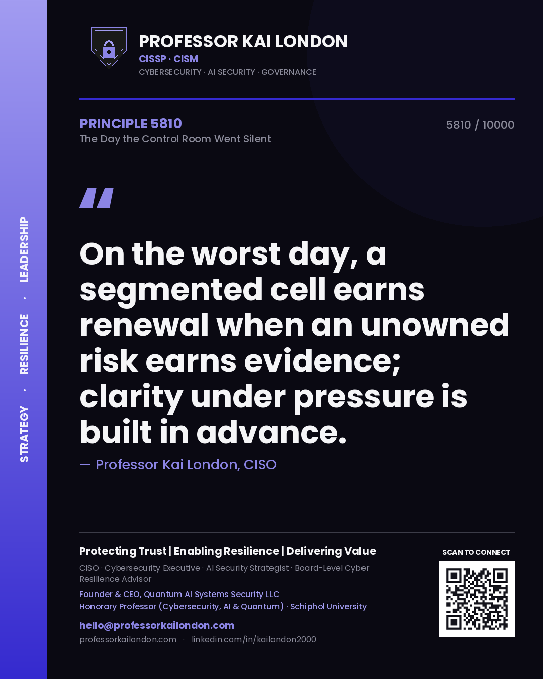 Quote card by Professor Kai London reading 'On the worst day, a segmented cell earns renewal when an unowned risk earns evidence; clarity under pressure is built in advance.'. From the book The Day the Control Room Went Silent.