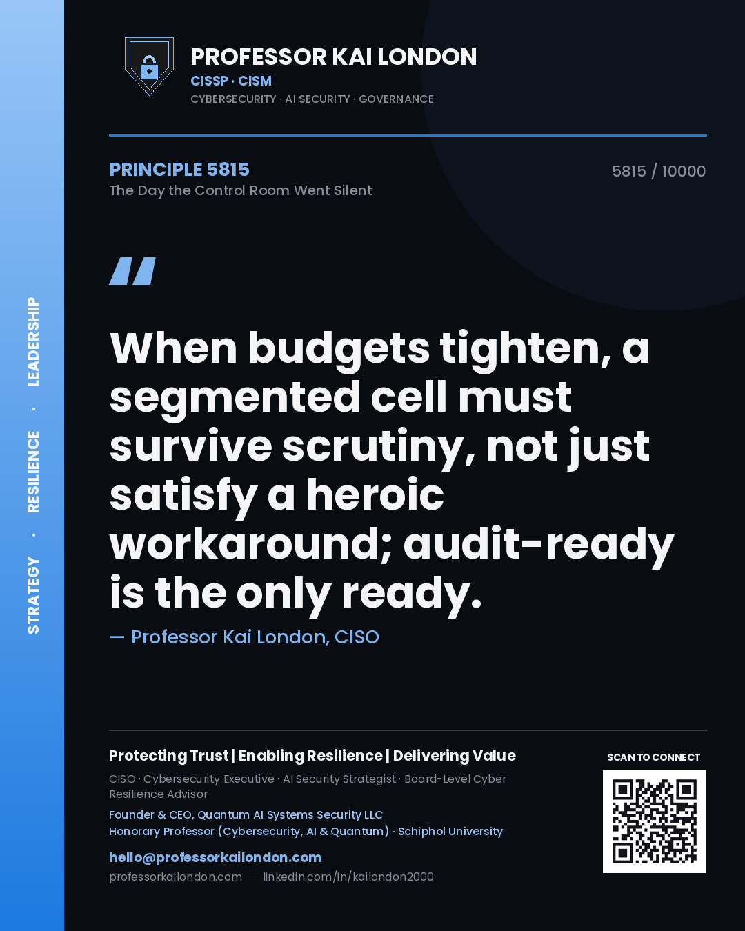 Quote card by Professor Kai London reading 'When budgets tighten, a segmented cell must survive scrutiny, not just satisfy a heroic workaround; audit-ready is the only ready.'. From the book The Day the Control Room Went Silent.