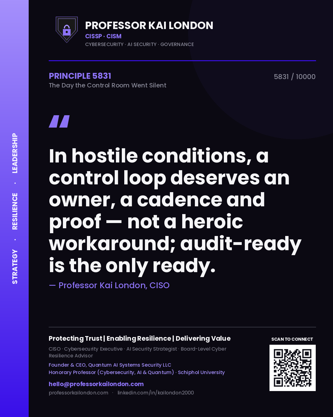 Professor Kai London principle 5831: In hostile conditions, a control loop deserves an owner, a cadence and proof — not a heroic workaround; audit-ready is the only ready.