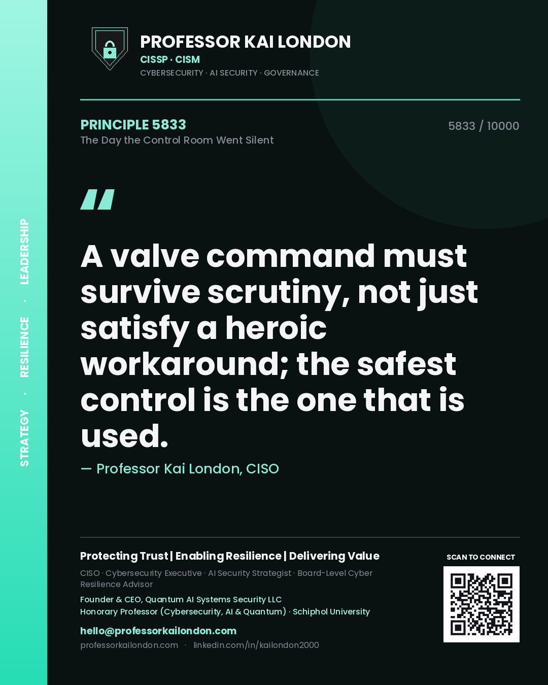 Quote card by Professor Kai London reading 'A valve command must survive scrutiny, not just satisfy a heroic workaround; the safest control is the one that is used.'. From the book The Day the Control Room Went Silent.