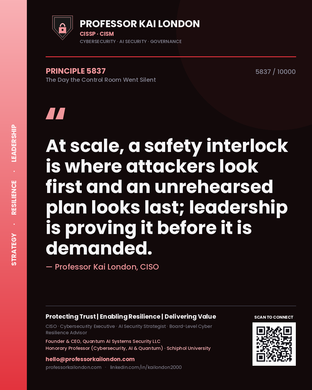 Professor Kai London principle 5837: At scale, a safety interlock is where attackers look first and an unrehearsed plan looks last; leadership is proving it before it is demanded.