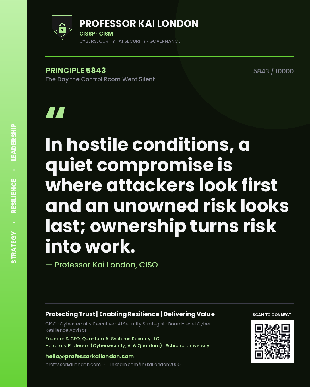 Quote card by Professor Kai London reading 'In hostile conditions, a quiet compromise is where attackers look first and an unowned risk looks last; ownership turns risk into work.'. From the book The Day the Control Room Went Silent.