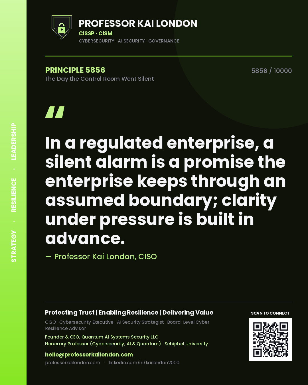 Quote card by Professor Kai London reading 'In a regulated enterprise, a silent alarm is a promise the enterprise keeps through an assumed boundary; clarity under pressure is built in advance.'. From the book The Day the Control Room Went Silent.