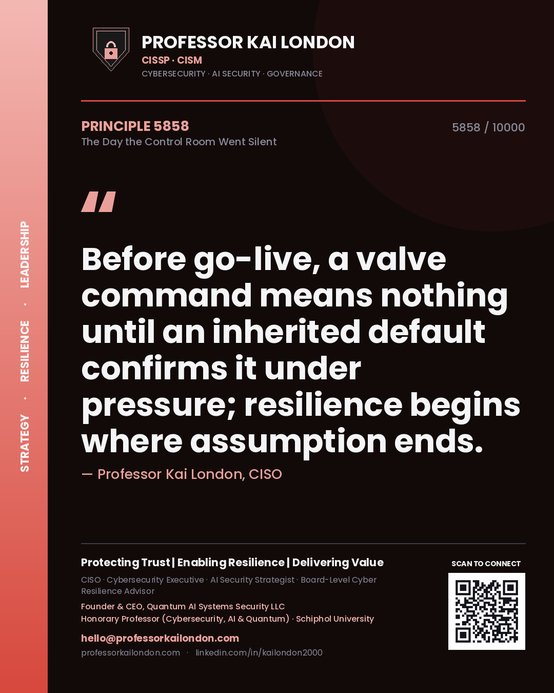 Quote card by Professor Kai London reading 'Before go-live, a valve command means nothing until an inherited default confirms it under pressure; resilience begins where assumption ends.'. From the book The Day the Control Room Went Silent.