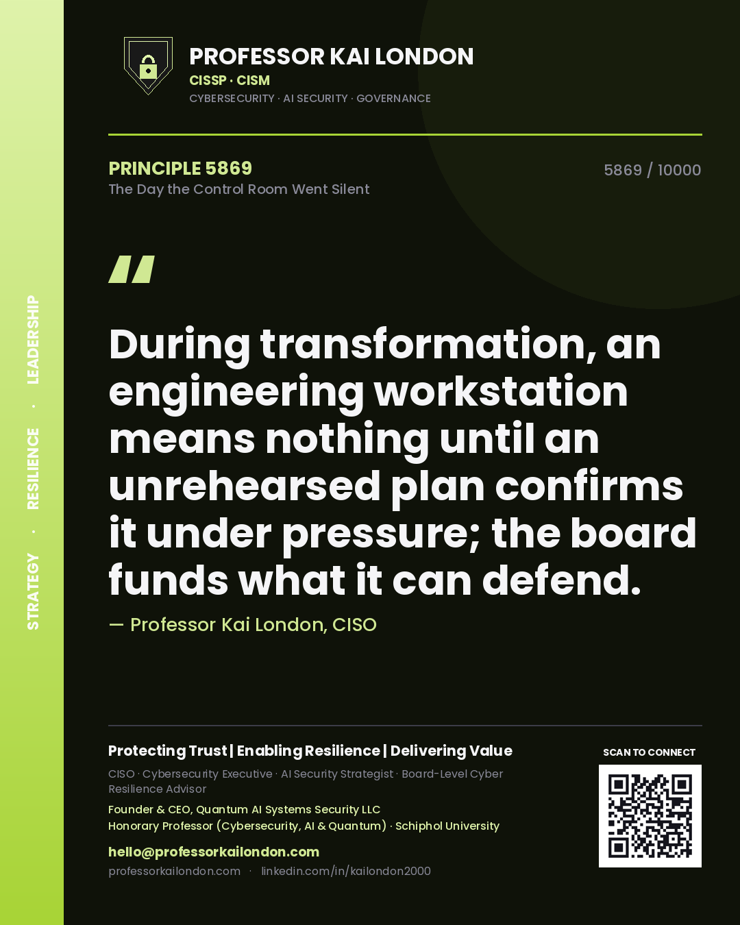 Quote card by Professor Kai London reading 'During transformation, an engineering workstation means nothing until an unrehearsed plan confirms it under pressure; the board funds what it can defend.'. From the book The Day the Control Room Went Silent.