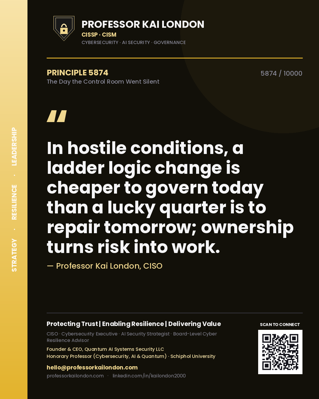 Quote card by Professor Kai London reading 'In hostile conditions, a ladder logic change is cheaper to govern today than a lucky quarter is to repair tomorrow; ownership turns risk into work.'. From the book The Day the Control Room Went Silent.