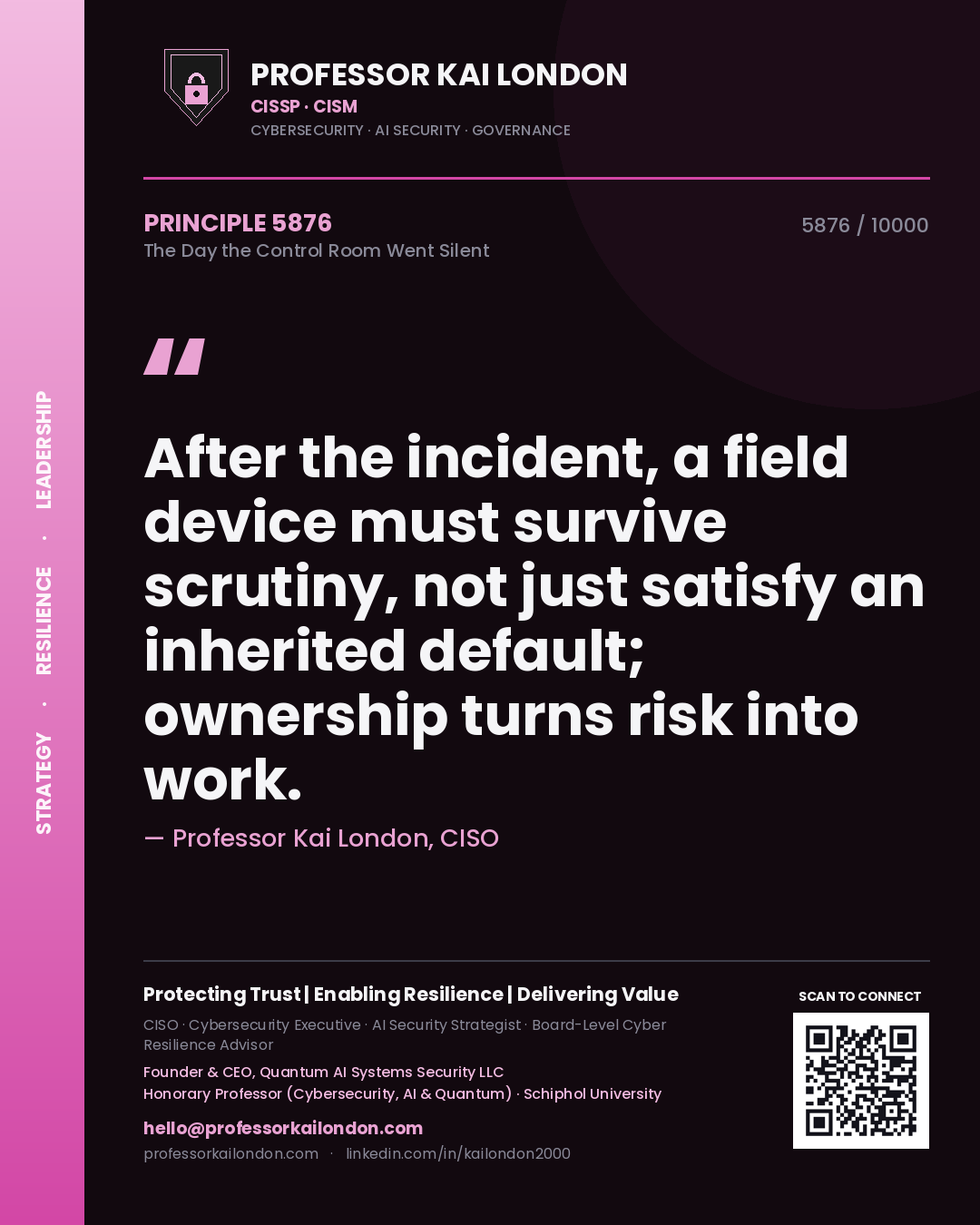 Quote card by Professor Kai London reading 'After the incident, a field device must survive scrutiny, not just satisfy an inherited default; ownership turns risk into work.'. From the book The Day the Control Room Went Silent.