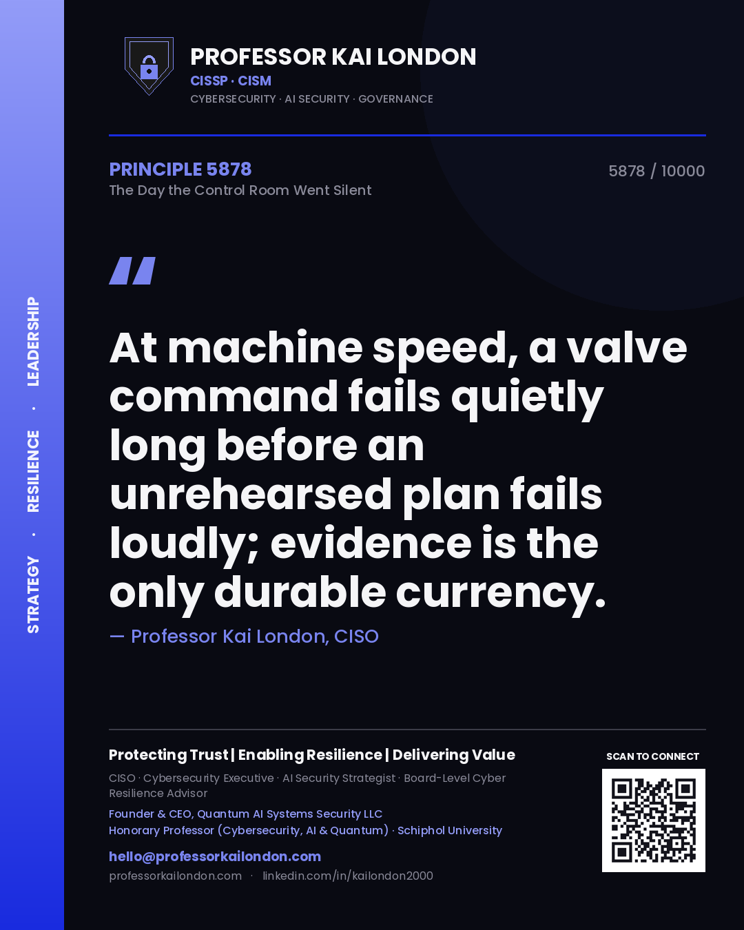 Quote card by Professor Kai London reading 'At machine speed, a valve command fails quietly long before an unrehearsed plan fails loudly; evidence is the only durable currency.'. From the book The Day the Control Room Went Silent.