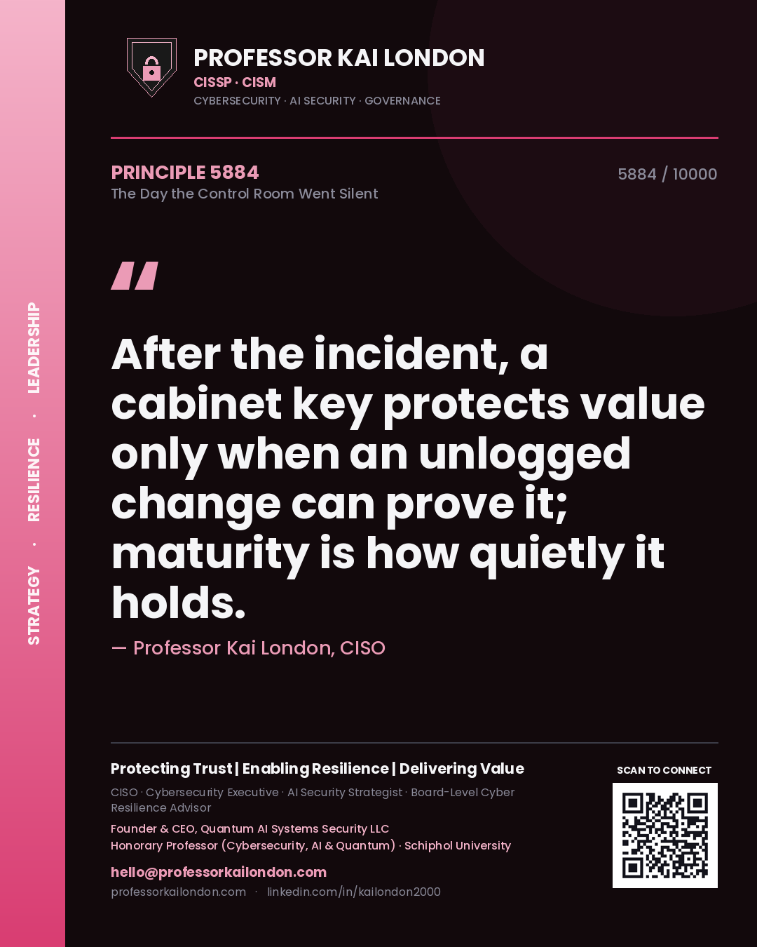 Professor Kai London principle 5884: After the incident, a cabinet key protects value only when an unlogged change can prove it; maturity is how quietly it holds.