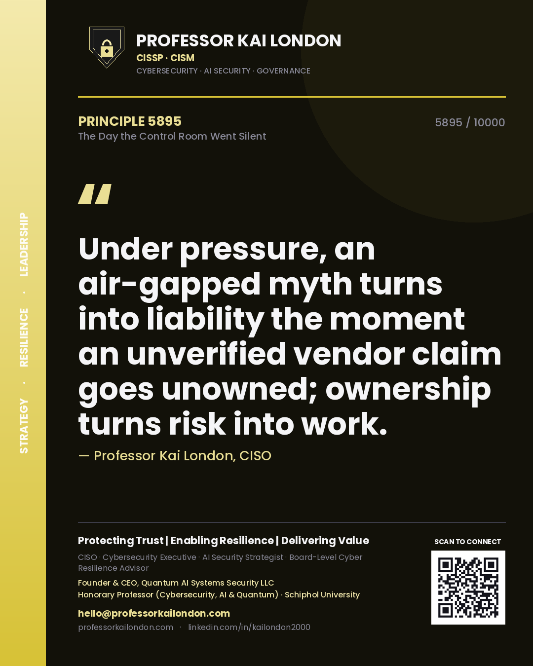 Quote card by Professor Kai London reading 'Under pressure, an air-gapped myth turns into liability the moment an unverified vendor claim goes unowned; ownership turns risk into work.'. From the book The Day the Control Room Went Silent.