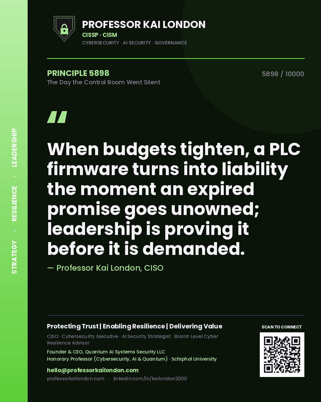 Quote card by Professor Kai London reading 'When budgets tighten, a PLC firmware turns into liability the moment an expired promise goes unowned; leadership is proving it before it is demanded.'. From the book The Day the Control Room Went Silent.