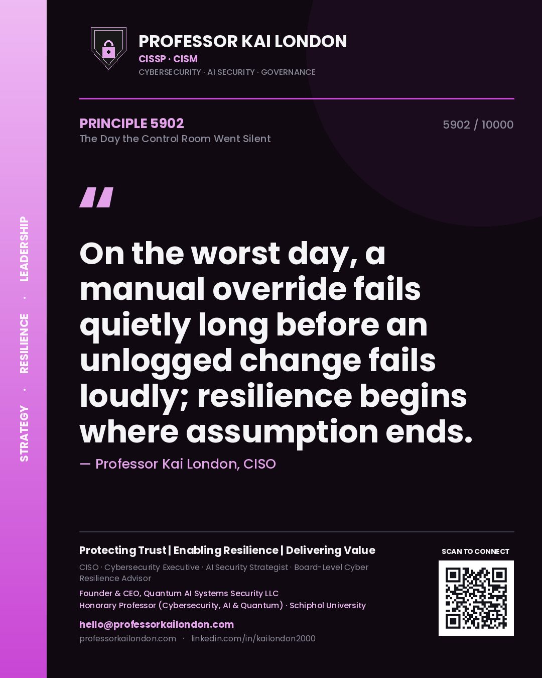 Quote card by Professor Kai London reading 'On the worst day, a manual override fails quietly long before an unlogged change fails loudly; resilience begins where assumption ends.'. From the book The Day the Control Room Went Silent.