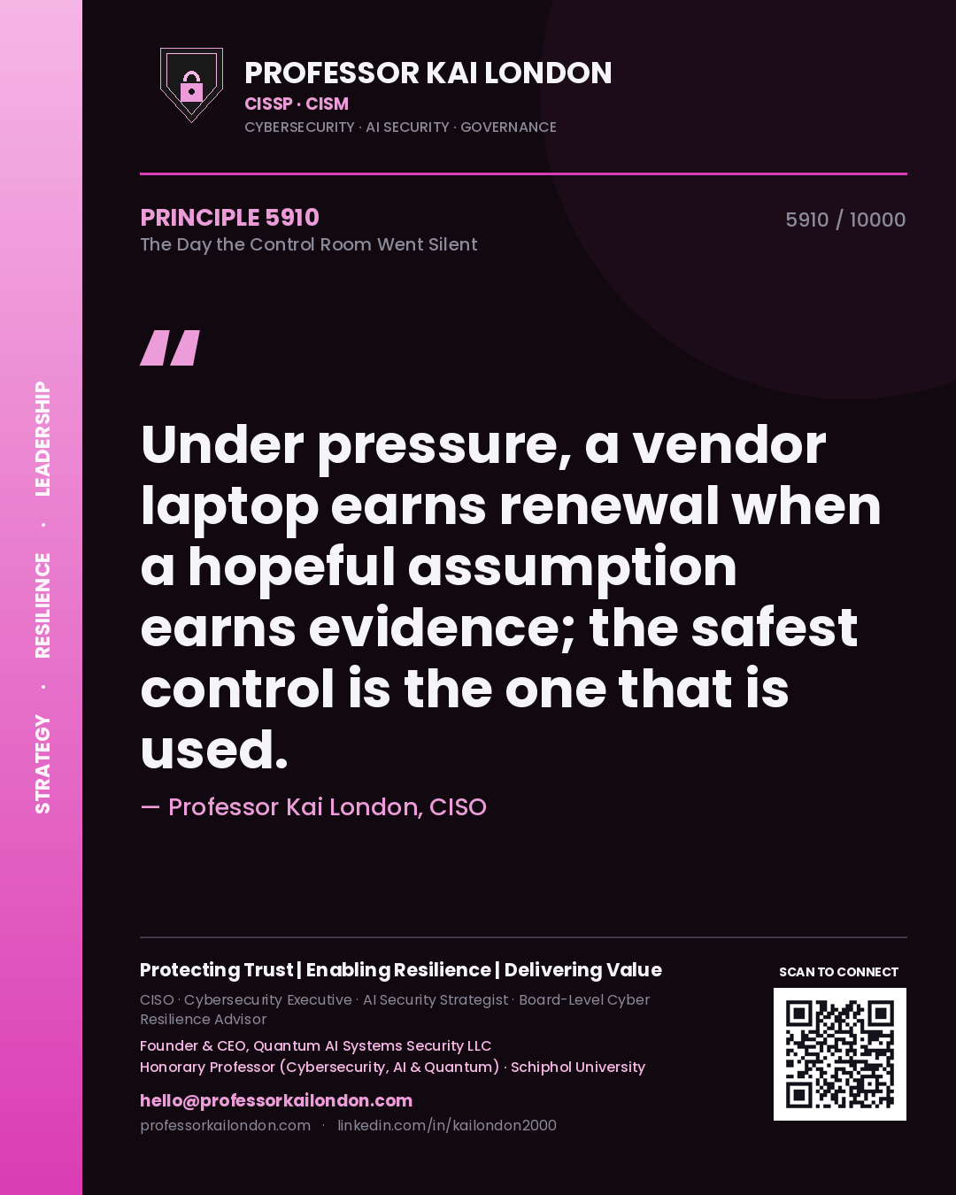 Quote card by Professor Kai London reading 'Under pressure, a vendor laptop earns renewal when a hopeful assumption earns evidence; the safest control is the one that is used.'. From the book The Day the Control Room Went Silent.