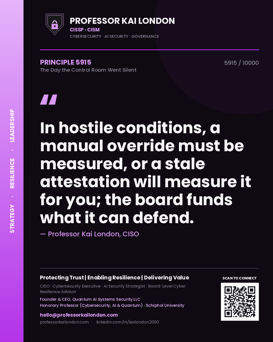 Quote card by Professor Kai London reading 'In hostile conditions, a manual override must be measured, or a stale attestation will measure it for you; the board funds what it can defend.'. From the book The Day the Control Room Went Silent.