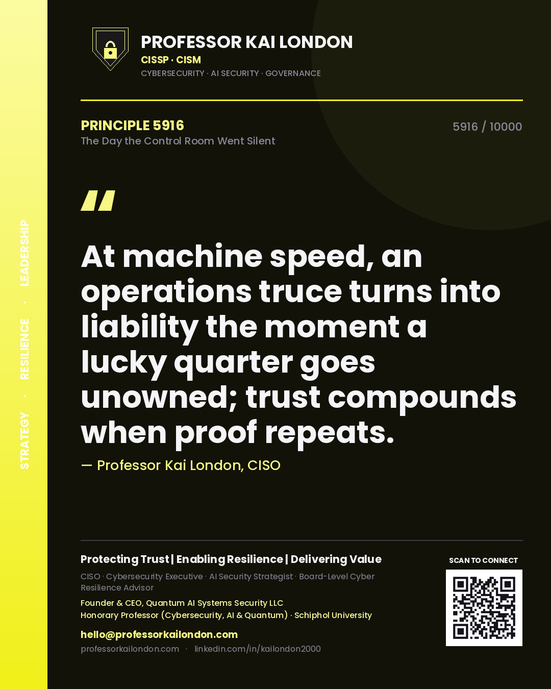 Quote card by Professor Kai London reading 'At machine speed, an operations truce turns into liability the moment a lucky quarter goes unowned; trust compounds when proof repeats.'. From the book The Day the Control Room Went Silent.