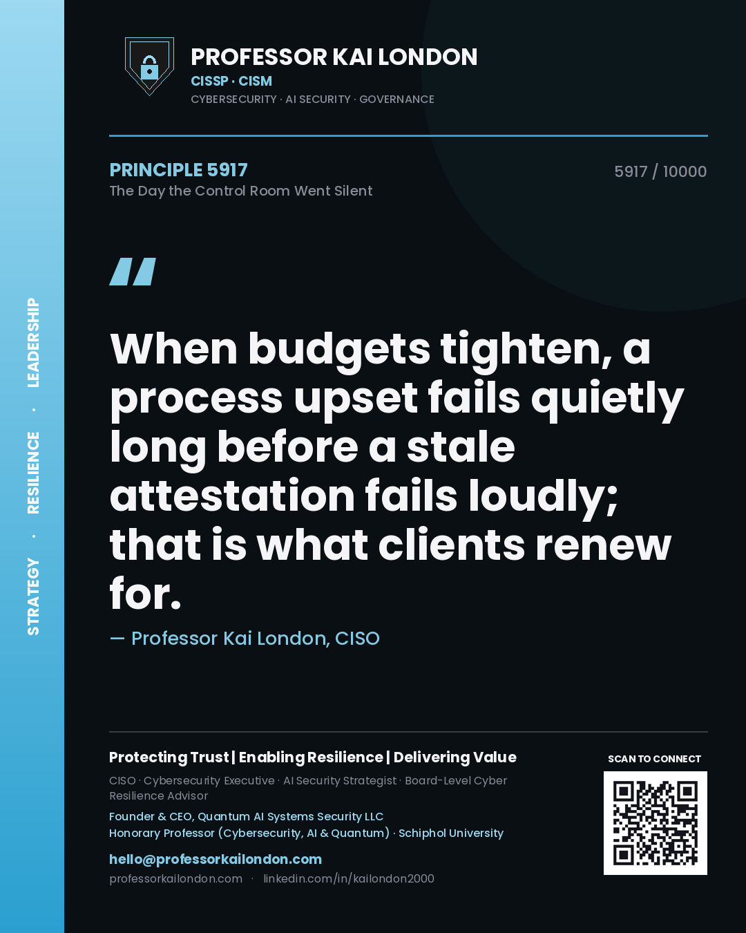 Quote card by Professor Kai London reading 'When budgets tighten, a process upset fails quietly long before a stale attestation fails loudly; that is what clients renew for.'. From the book The Day the Control Room Went Silent.