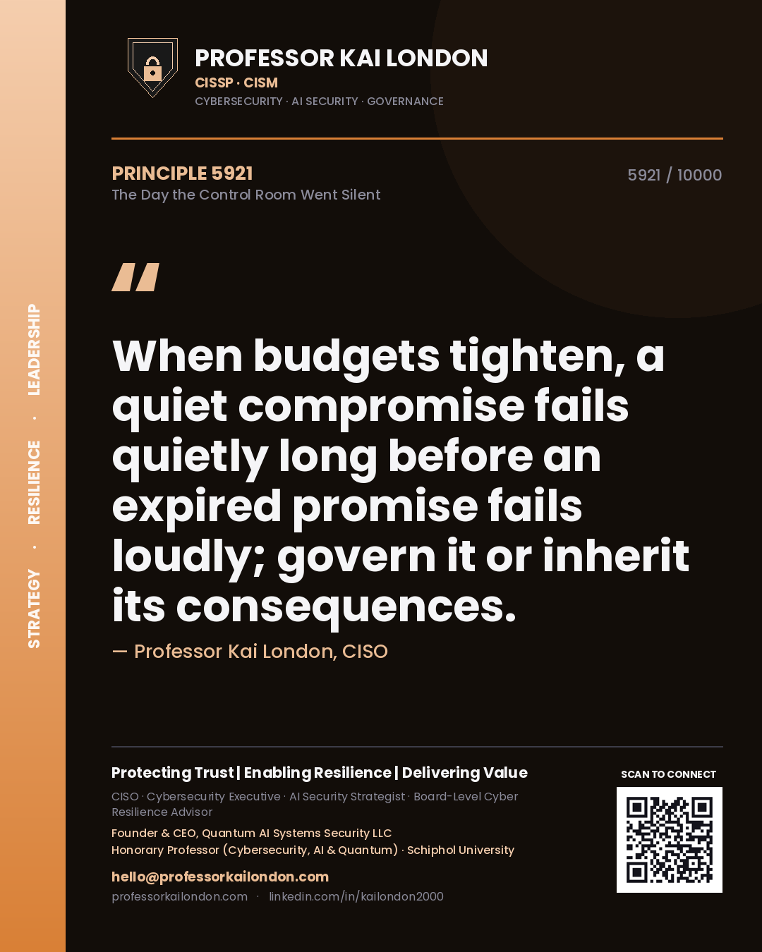 Quote card by Professor Kai London reading 'When budgets tighten, a quiet compromise fails quietly long before an expired promise fails loudly; govern it or inherit its consequences.'. From the book The Day the Control Room Went Silent.