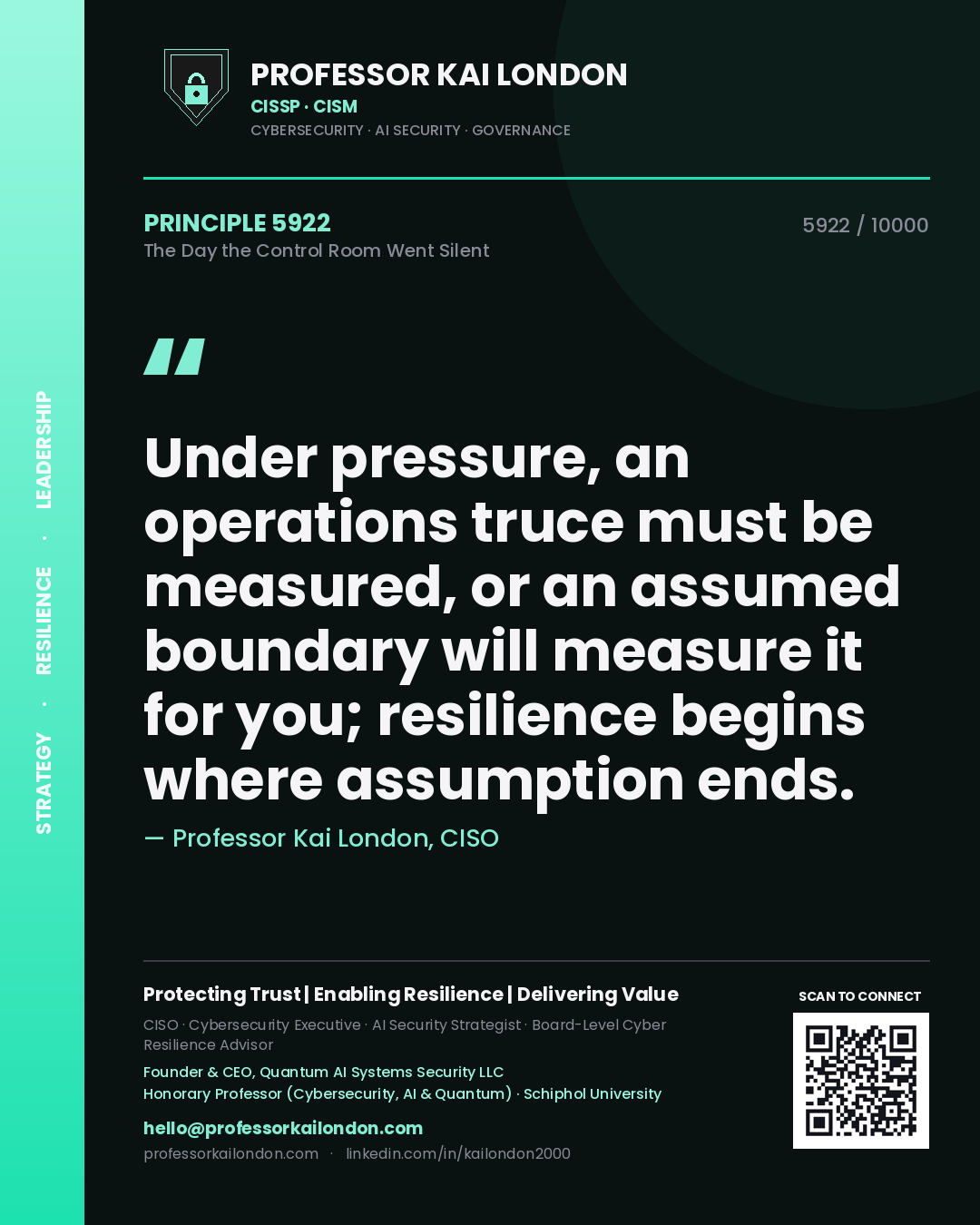 Quote card by Professor Kai London reading 'Under pressure, an operations truce must be measured, or an assumed boundary will measure it for you; resilience begins where assumption ends.'. From the book The Day the Control Room Went Silent.