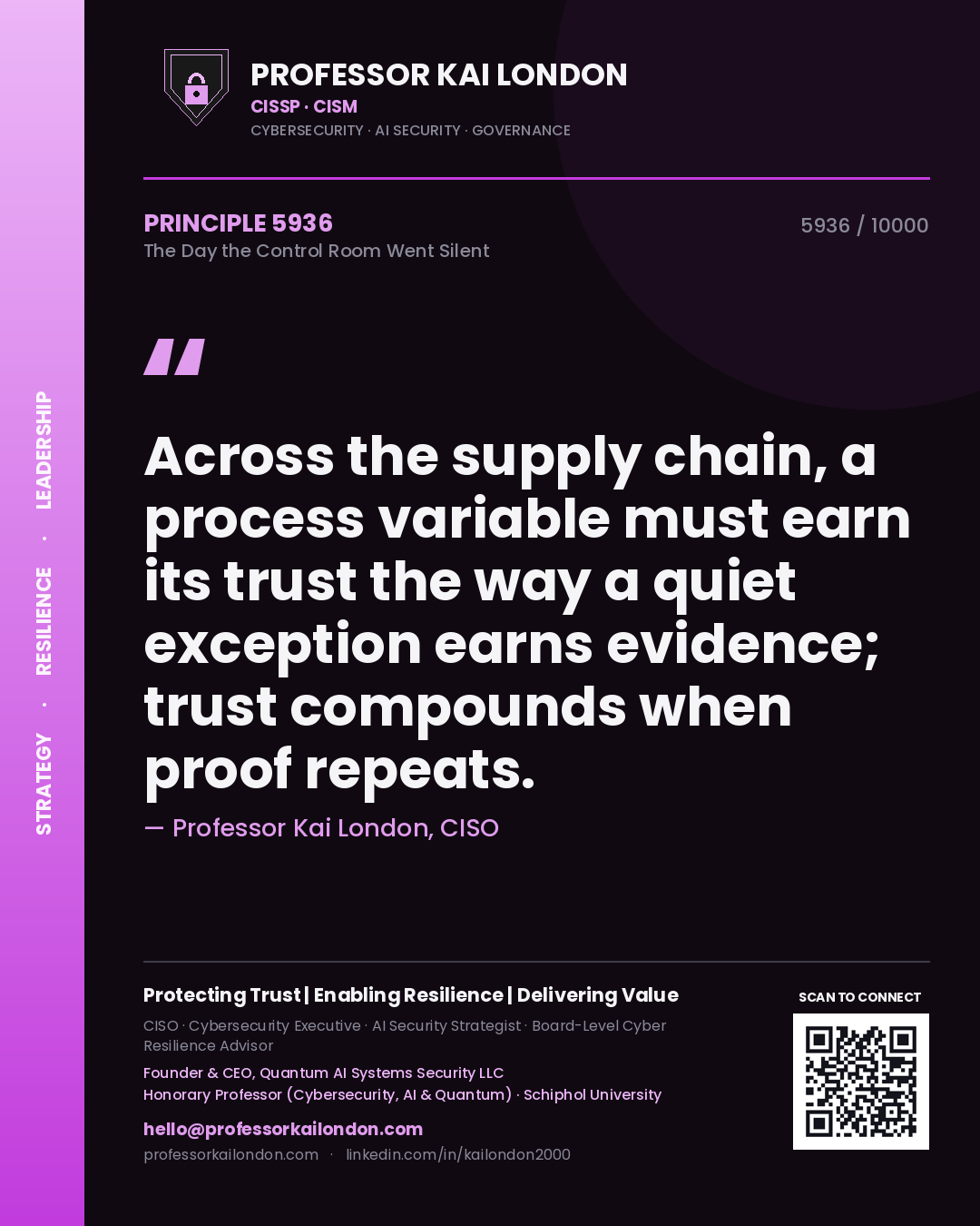 Quote card by Professor Kai London reading 'Across the supply chain, a process variable must earn its trust the way a quiet exception earns evidence; trust compounds when proof repeats.'. From the book The Day the Control Room Went Silent.