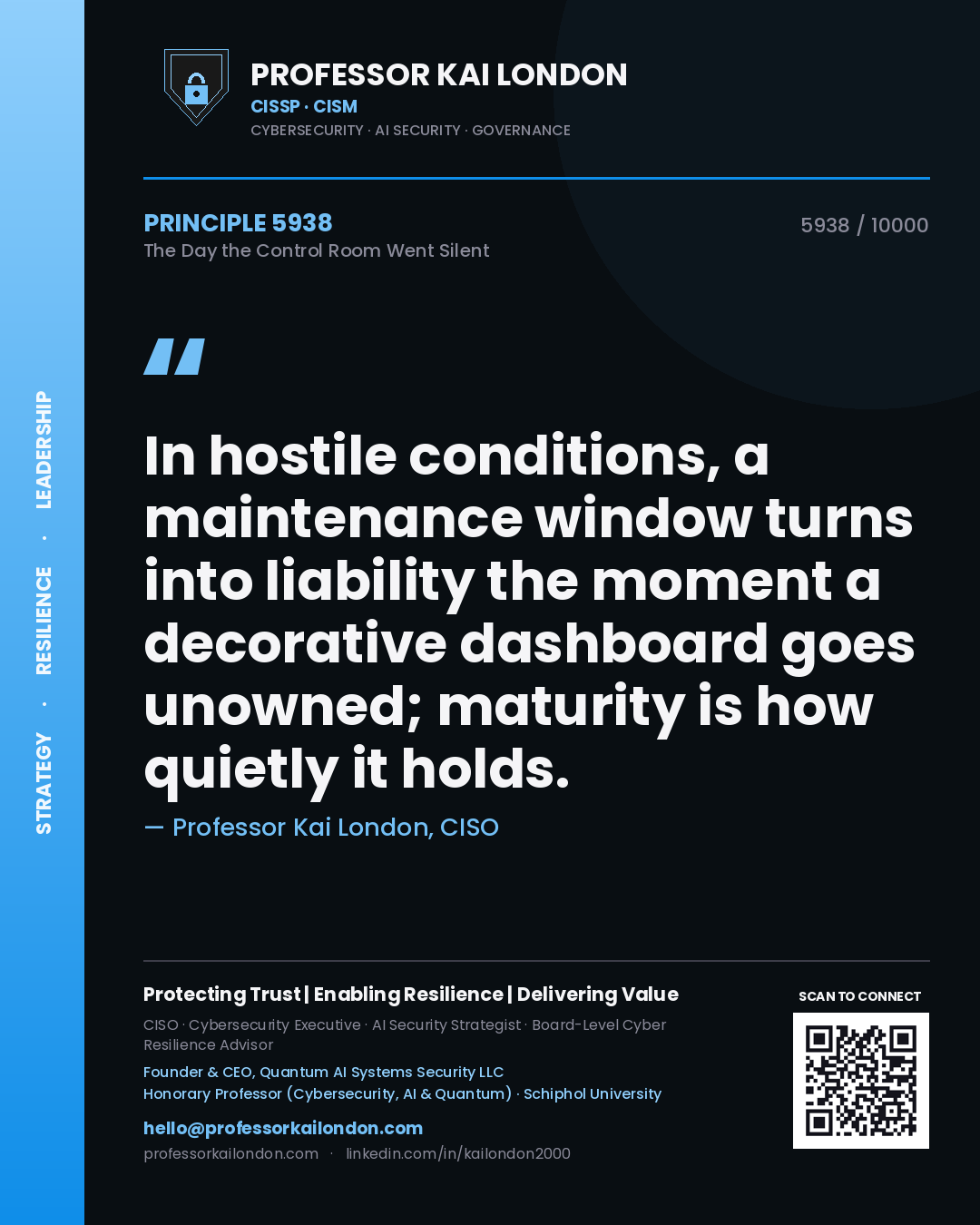 Quote card by Professor Kai London reading 'In hostile conditions, a maintenance window turns into liability the moment a decorative dashboard goes unowned; maturity is how quietly it holds.'. From the book The Day the Control Room Went Silent.