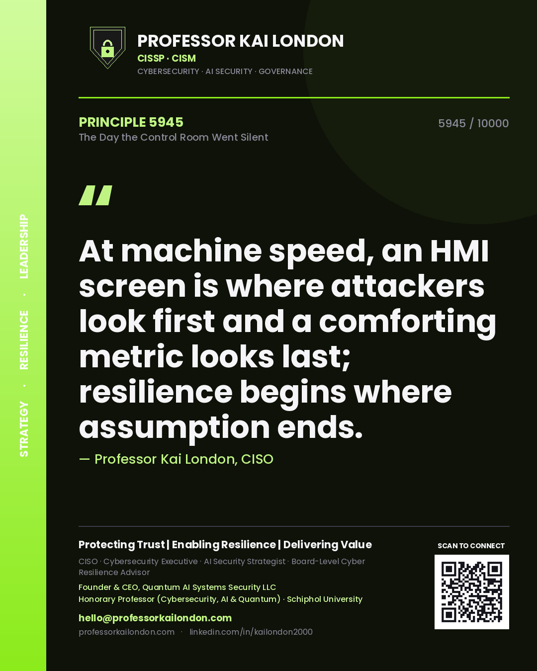 Quote card by Professor Kai London reading 'At machine speed, an HMI screen is where attackers look first and a comforting metric looks last; resilience begins where assumption ends.'. From the book The Day the Control Room Went Silent.